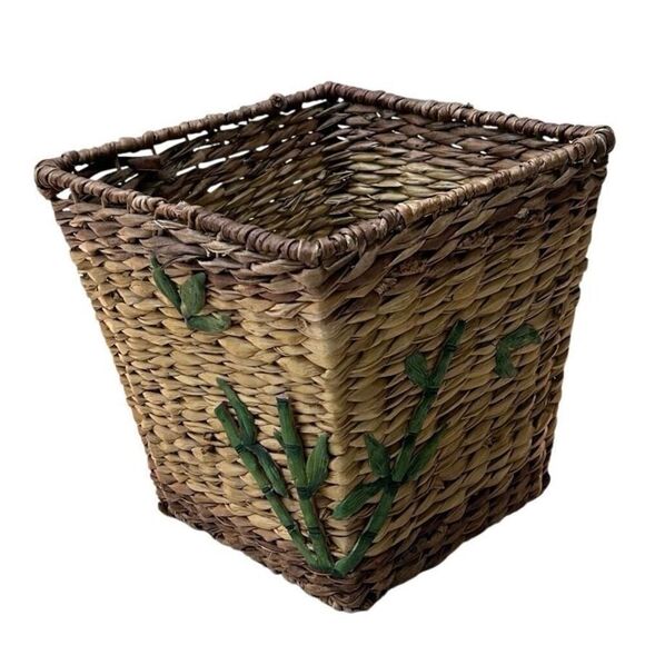 Asian Tapered Square Woven Natural Water Hyacinth Basket Large Tan Eco-friendly - Picture 1 of 8